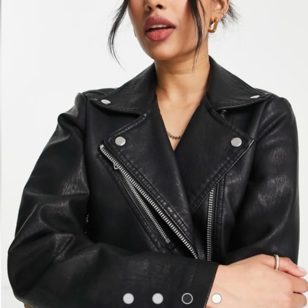 Topshop BLACK Faux Leather Biker Moto Classic Minimalist Jacket Size 4 - Picture 4 of 13
